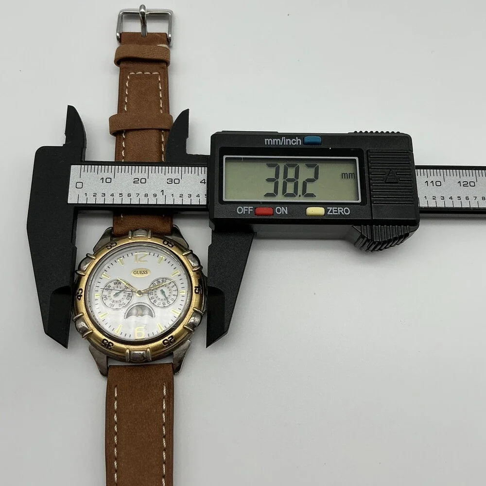Vintage Guess Mens Watch 38mm White Dial Brown Leather Moonphase New Battery